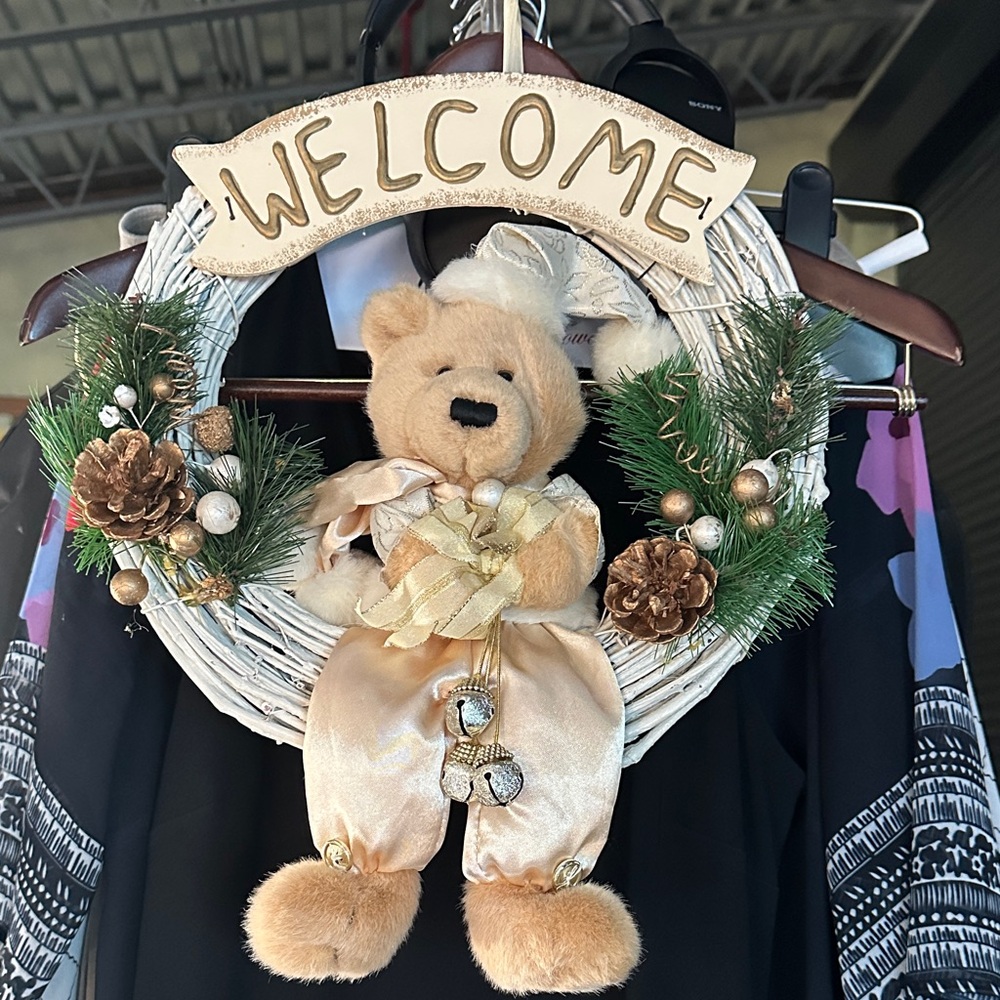 Holiday Welcome Wreath with Bear Decor